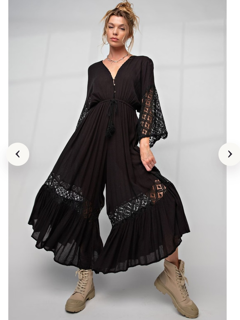 Black Lace Trim Kimono Palazzo Jumpsuit Size Small Boho Indie Festival